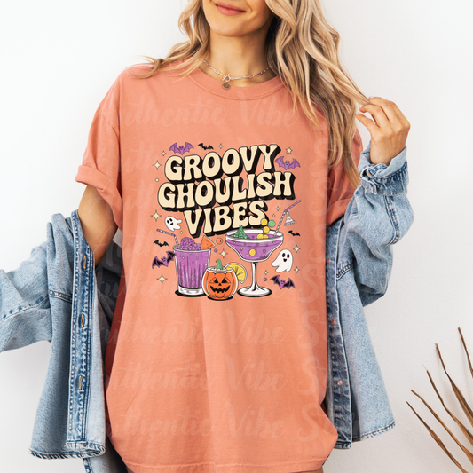 Groovy Ghoulish Vibes T-Shirt, Halloween Ghosts and Pumpkins Tee, Spooky Cocktail Party Shirt, Fun Halloween Graphic Tee