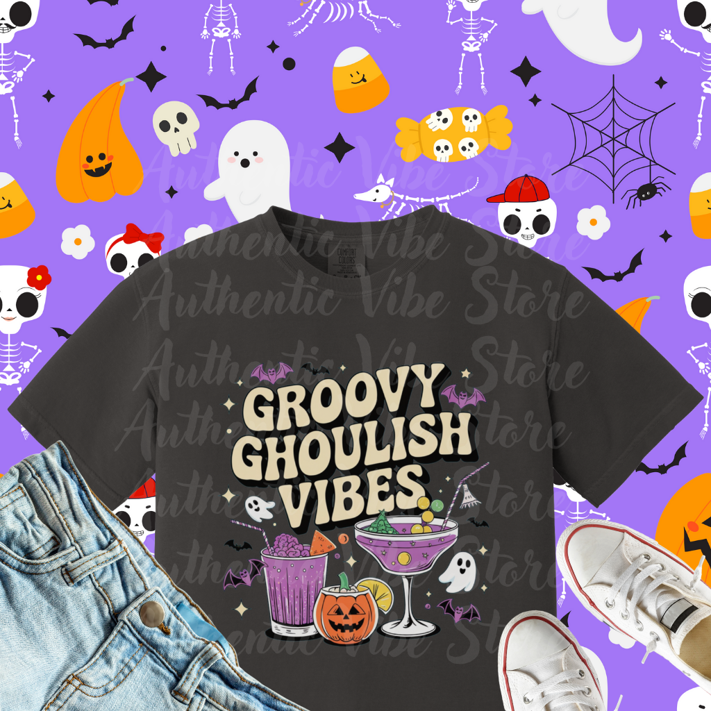 Groovy Ghoulish Vibes T-Shirt, Halloween Ghosts and Pumpkins Tee, Spooky Cocktail Party Shirt, Fun Halloween Graphic Tee