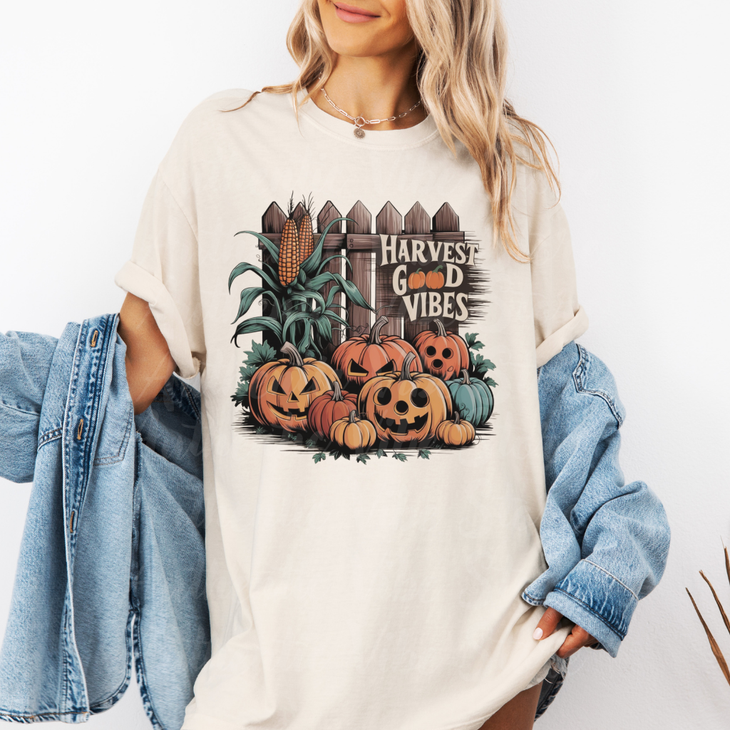 Harvest Good Vibes T-Shirt, Perfect Fall Pumpkin Design, Autumn Corn, Rustic Fence, Cozy Halloween Vibes, Seasonal Graphic Tee