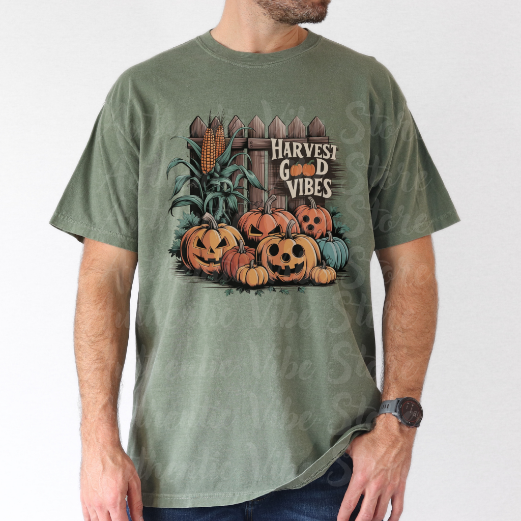 Harvest Good Vibes T-Shirt, Perfect Fall Pumpkin Design, Autumn Corn, Rustic Fence, Cozy Halloween Vibes, Seasonal Graphic Tee