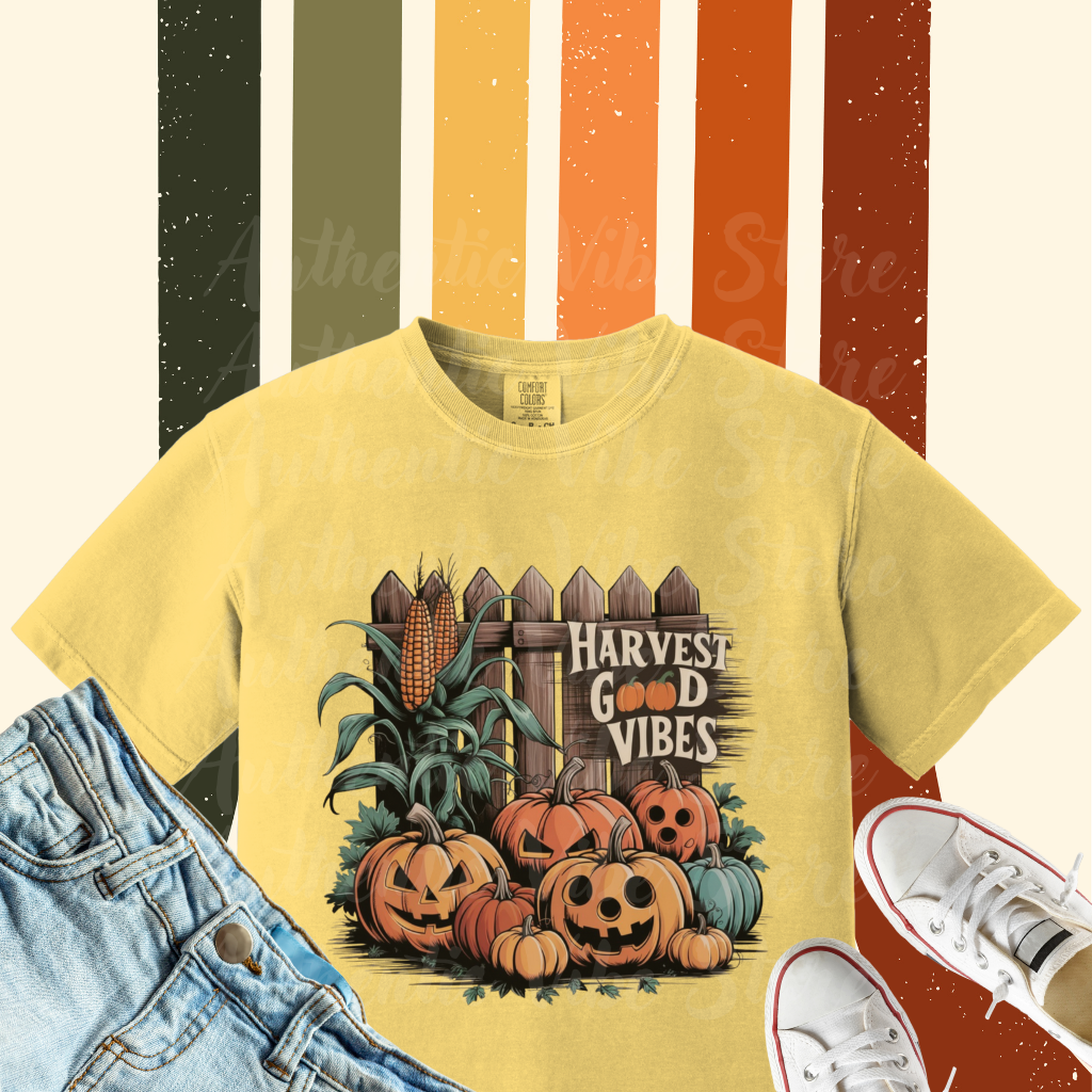 Harvest Good Vibes T-Shirt, Perfect Fall Pumpkin Design, Autumn Corn, Rustic Fence, Cozy Halloween Vibes, Seasonal Graphic Tee