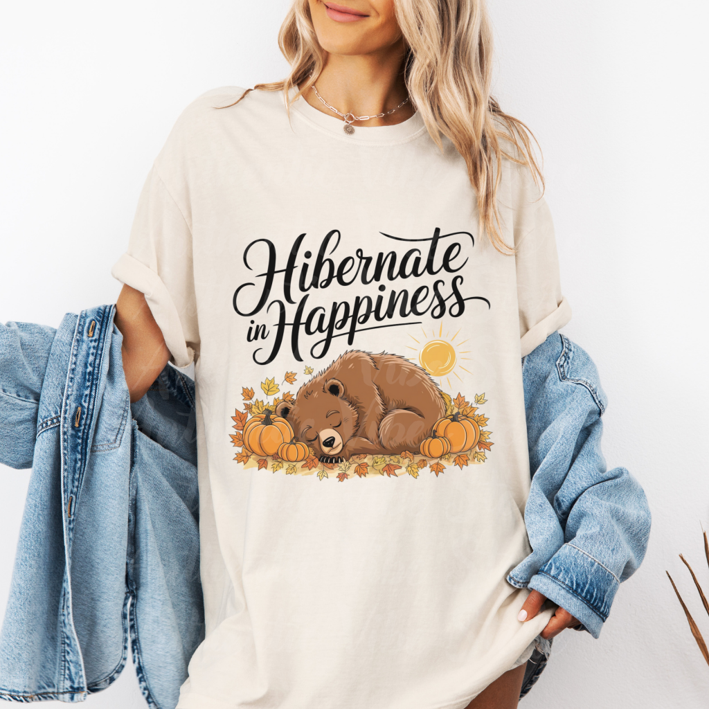 Hibernate in Happiness Bear Fall Design T-Shirt, Cute Bear Sleeping with Pumpkins, Autumn Leaves, Sun, Nature Lovers Gift Tee