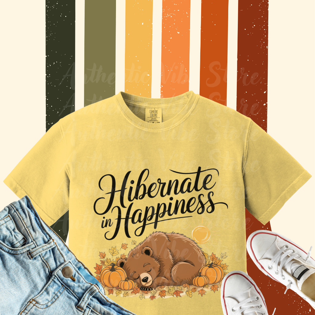 Hibernate in Happiness Bear Fall Design T-Shirt, Cute Bear Sleeping with Pumpkins, Autumn Leaves, Sun, Nature Lovers Gift Tee