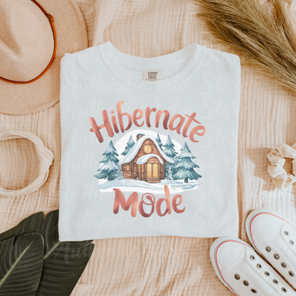 Cozy Winter Cabin T-Shirt, Hibernate Mode Graphic Tee, Winter Wonderland Shirt, Rustic Cabin Snow Design, Unisex Gift Idea