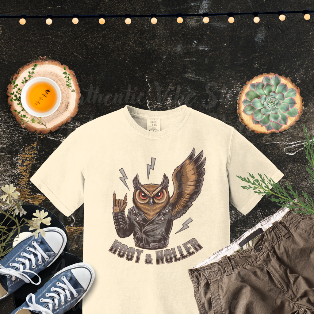 Funny Owl Graphic Tee, Hoot and Holler T-Shirt, Rock N Roll Owl Shirt, Cute Owl Illustration, Funny Animal Graphic Tee