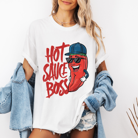 Hot Sauce Boss T-shirt, Funny Pepper Graphic Tee, Spicy Hot Sauce Lover Shirt, Cool Cartoon Hot Sauce Design, Casual Fun Shirt