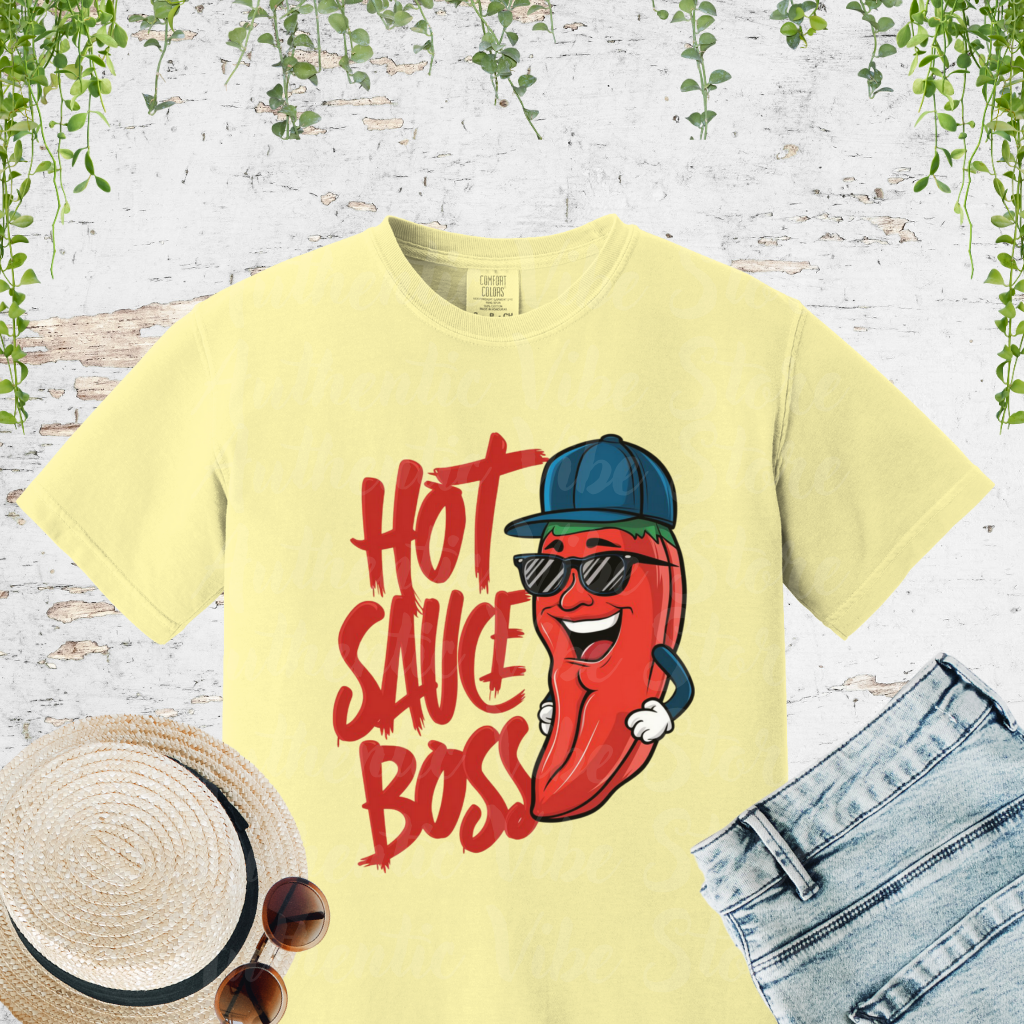 Hot Sauce Boss T-shirt, Funny Pepper Graphic Tee, Spicy Hot Sauce Lover Shirt, Cool Cartoon Hot Sauce Design, Casual Fun Shirt