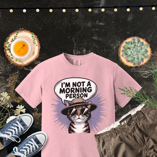 I'm Not A Morning Person Cat Graphic T-Shirt, Funny Cat Quote T-Shirt, Cat Lovers Shirt, Cool Cat Print Tee, Cute Cat Saying Top