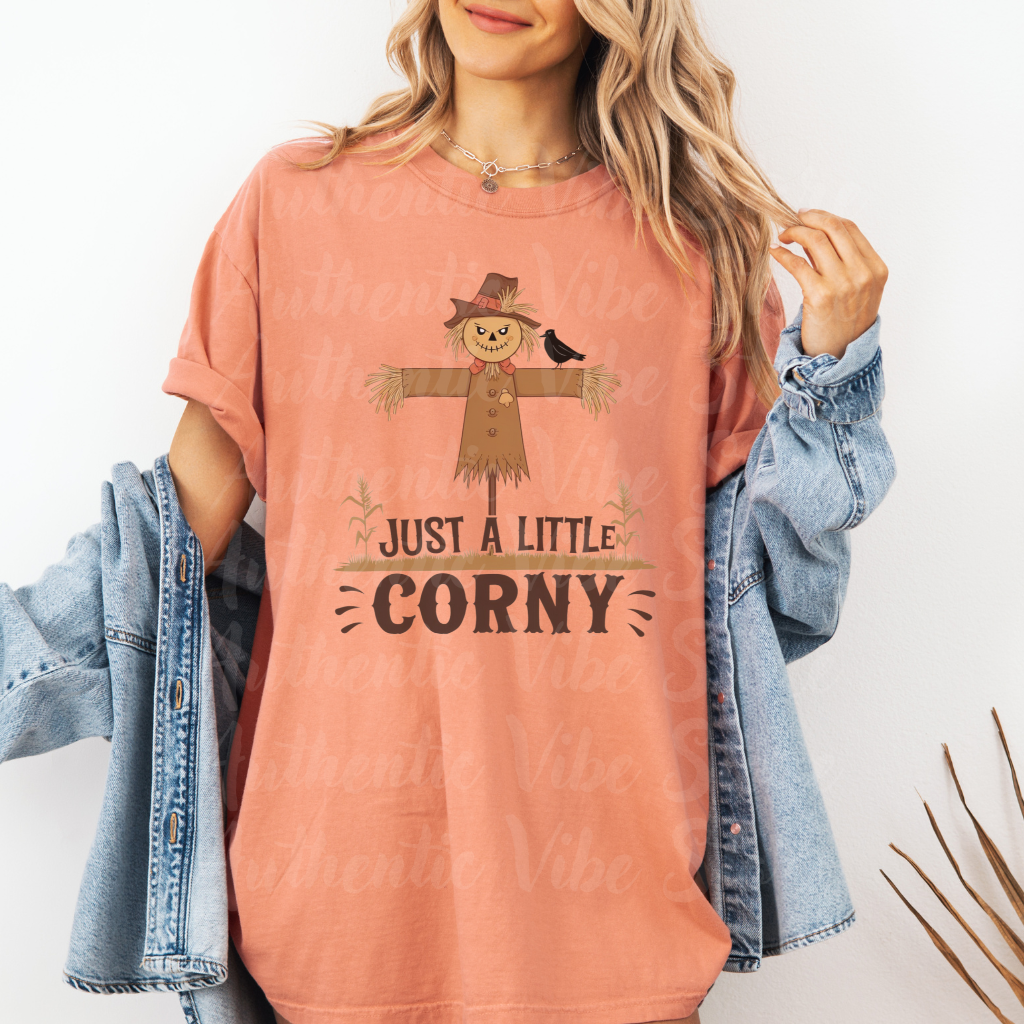 Halloween Funny Scarecrow Graphic Tee, Just A Little Corny T-Shirt, Fall Season Shirt, Cute Autumn Humor Top, Casual Tee Shirt