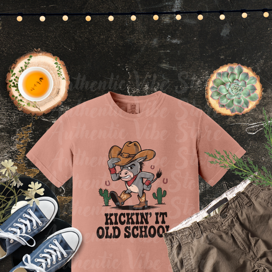 Funny Cowboy Donkey T-Shirt, Kickin' It Old School Graphic Tee, Western Novelty Shirt, Humorous Animal Design, Country Style T-Shirt