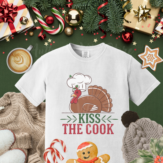 Funny Thanksgiving Turkey Chef T-Shirt, Kiss the Cook Graphic Tee, Cute Holiday Cooking Shirt for Men and Women, Thanksgiving Apparel