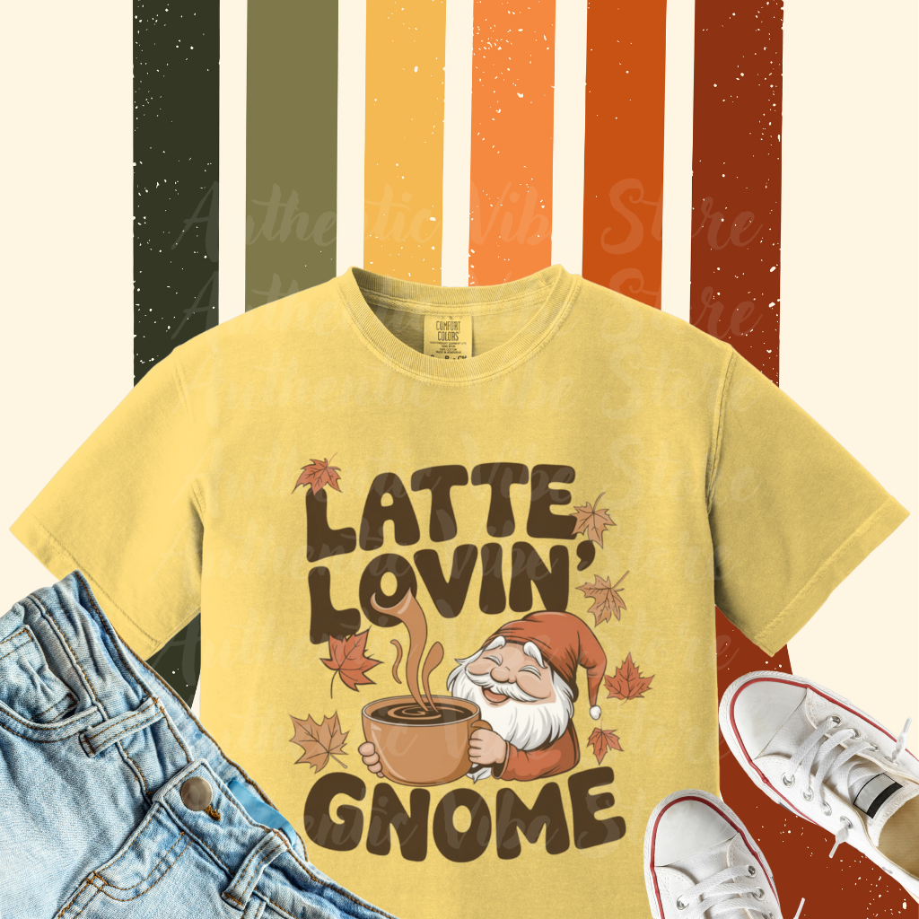 Latte Lovin Gnome T-Shirt Cute Coffee Lover Shirt Fall Gnome Graphic Tee Latte Lover TShirt Gift for Coffee Enthusiasts