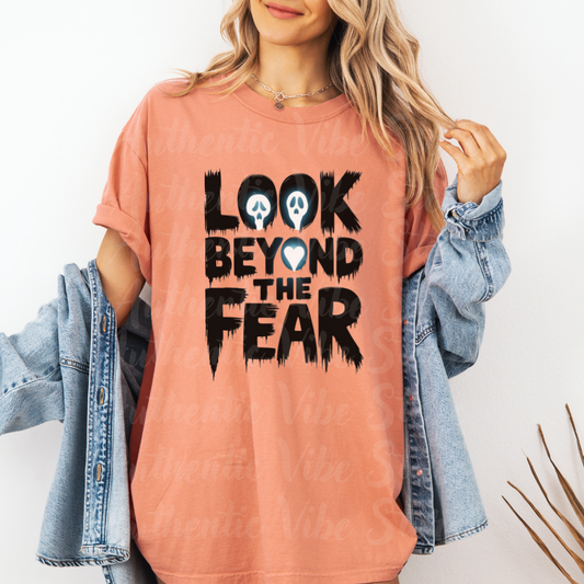 Skull Look Beyond The Fear Graphic Tee, Cool Statement Shirt, Spooky Lettering T-Shirt, Inspirational Goth Apparel