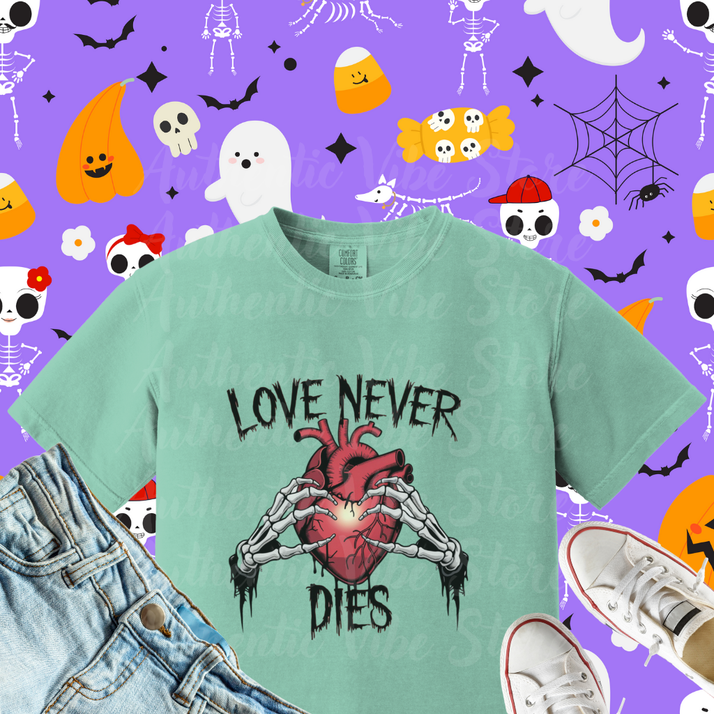 Love Never Dies T-Shirt, Skeleton Hands Heart Graphic Tee, Inspirational Gothic Shirt, Unique Skeleton Heart Print T-Shirt