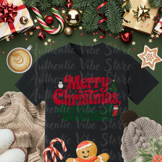 Merry Christmas Bitches Funny Holiday T-Shirt, Christmas Tree and Snowman Graphic Tee, Fun Xmas Shirt, Christmas Party Shirt