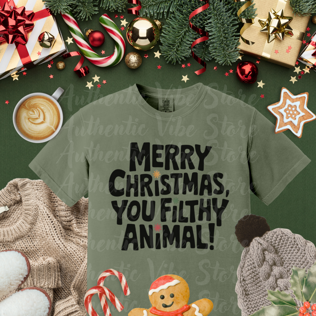 Merry Christmas You Filthy Animal T-Shirt, Funny Christmas T-Shirt, Holiday Graphic Tee, Christmas Movie Quote Shirt