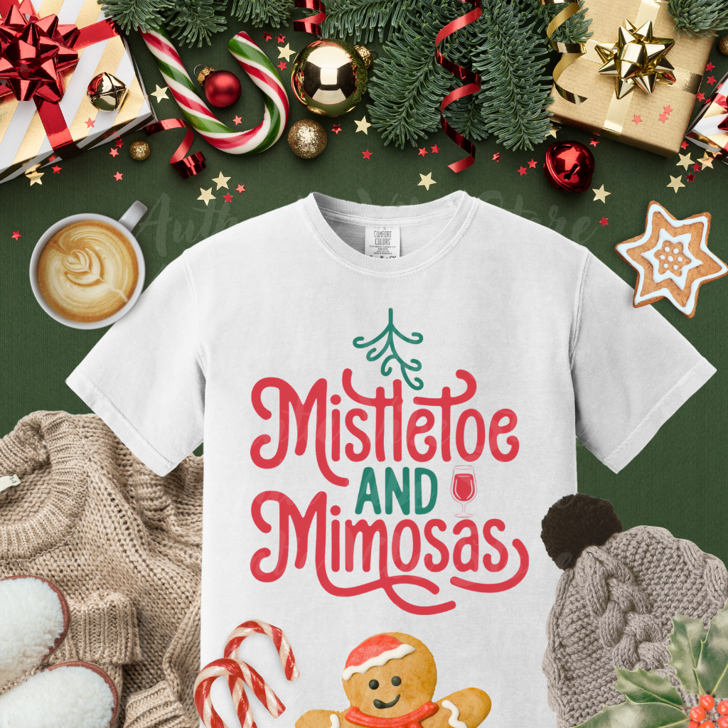 Mistletoe and Mimosas T-Shirt, Funny Christmas Shirt, Holiday Party Tee, Festive Apparel, Unique Gift, Xmas Celebration Top