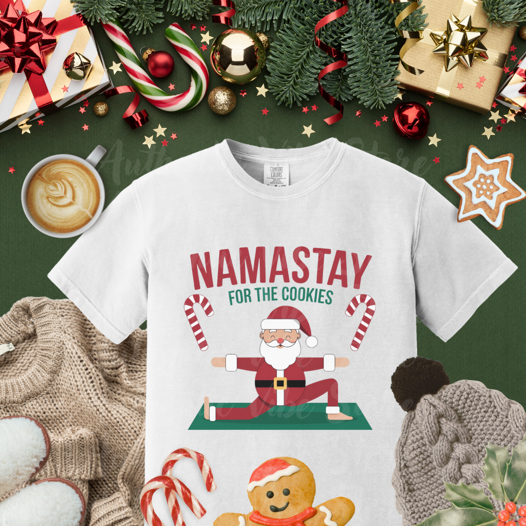 Namastay For The Cookies Funny Santa Yoga Christmas Shirt, Holiday Yoga Santa Claus Tee, Unique Holiday Tee, Christmas Gift T-Shirt