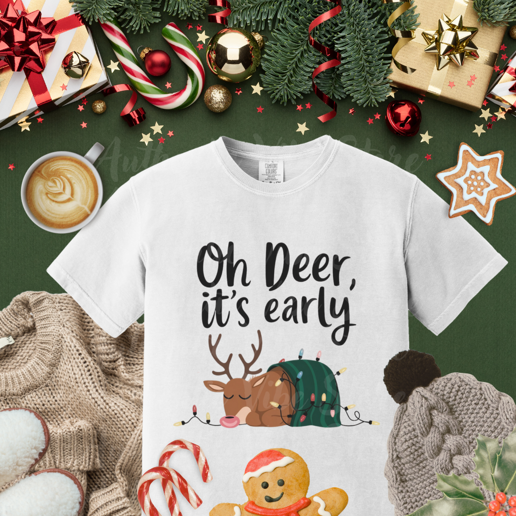 Oh Deer It's Early Christmas T-Shirt, Funny Reindeer Holiday Shirt, Cute Sleeping Deer Tee, Xmas Lights Graphic Tee, Gift for Friends