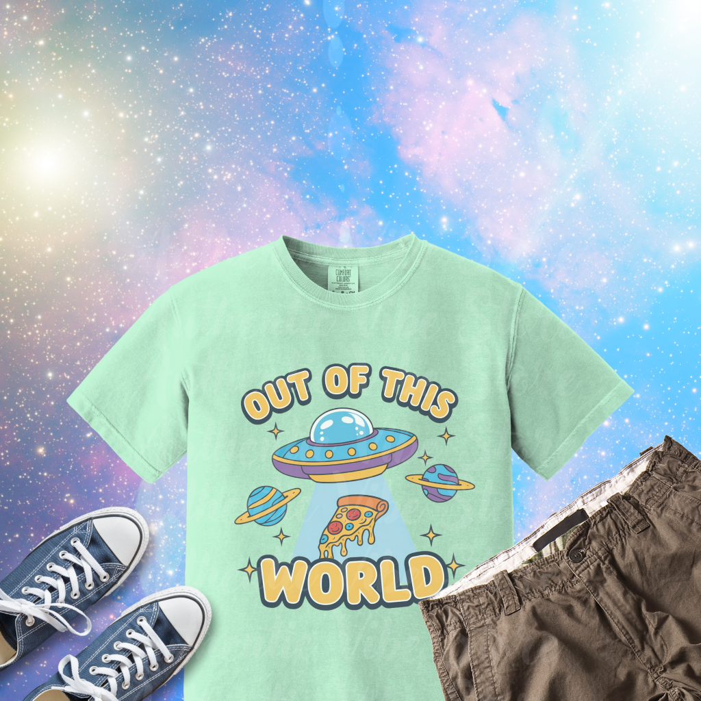 Out of This World UFO T-Shirt, Funny Alien Space Design Tee, Cute Pizza Graphic Shirt, Cool Novelty Gift Idea, Unisex Casual Top