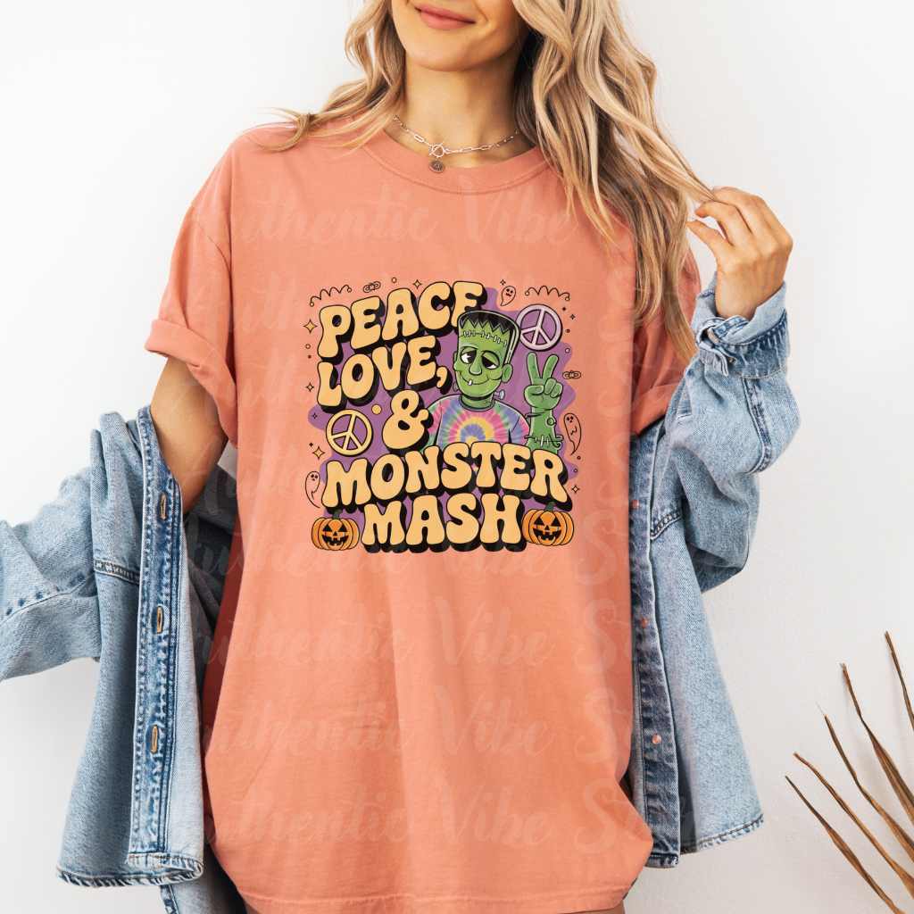 Peace Love and Monster Mash T-Shirt Funny Halloween Shirt Retro Horror Tee Perfect Halloween Gift Short Sleeve Top