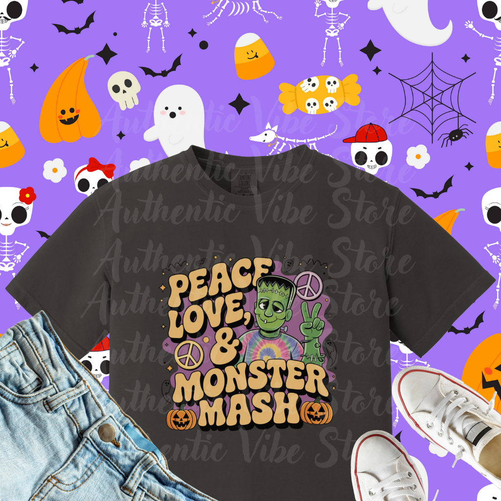 Peace Love and Monster Mash T-Shirt Funny Halloween Shirt Retro Horror Tee Perfect Halloween Gift Short Sleeve Top