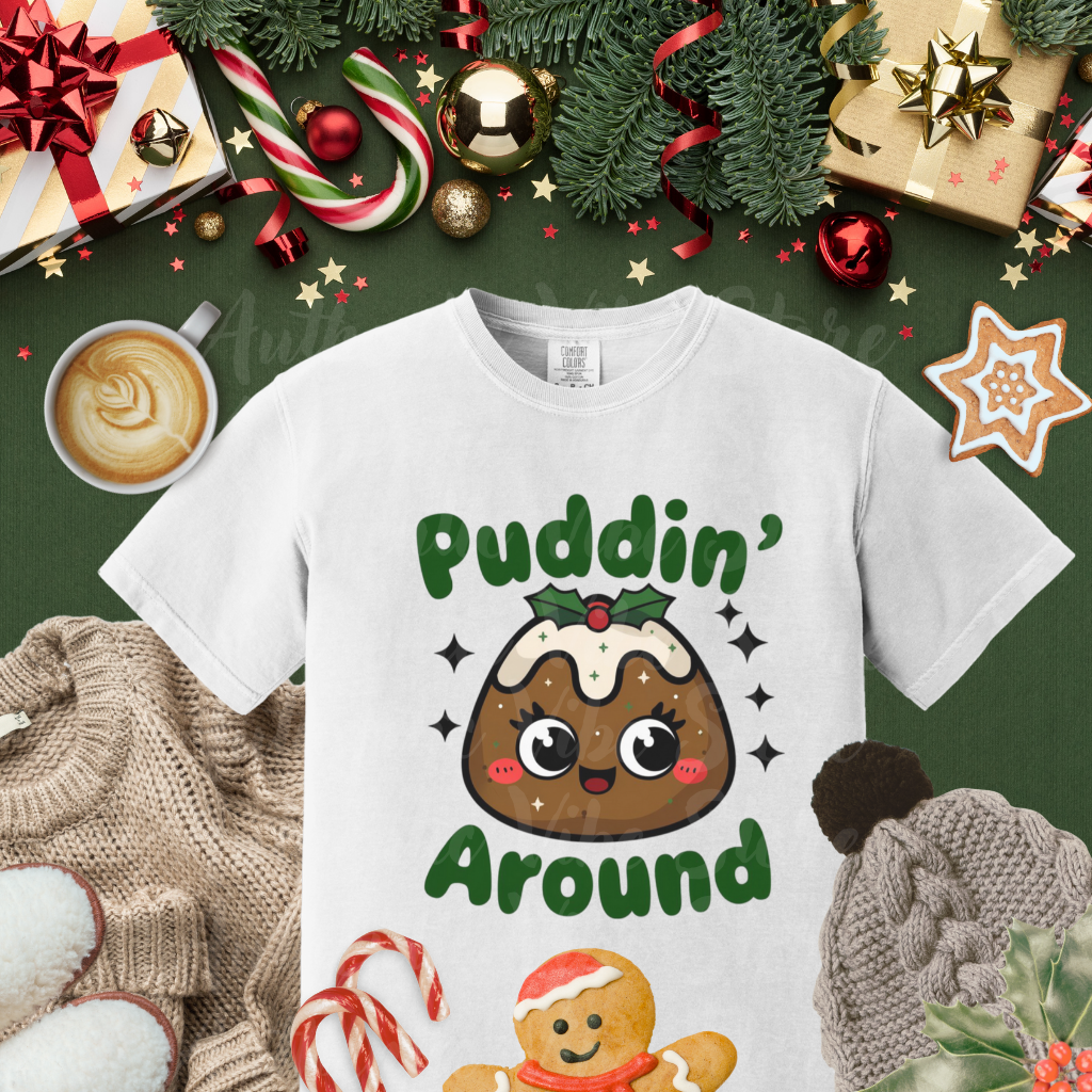 Cute Christmas Pudding T-Shirt, Festive Holiday Graphic Tee, Fun Kawaii Design Shirt, Cute Pudding Cartoon T-Shirt, Xmas Gift Tee