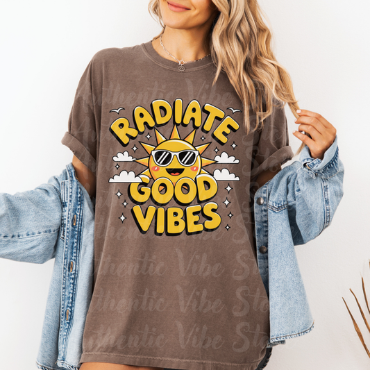 Radiate Good Vibes T-Shirt, Positive Energy Shirt, Sun and Cloud Graphic Tee, Happy Sunshine Shirt, Good Vibes Graphic Tee T-shirt Gift Garment-Dyed T-shirt