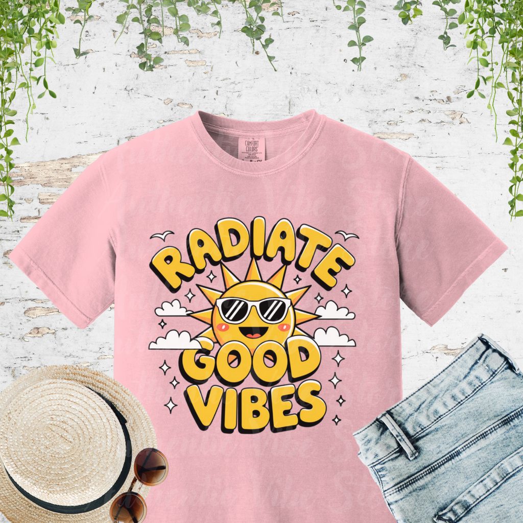 Radiate Good Vibes T-Shirt, Positive Energy Shirt, Sun and Cloud Graphic Tee, Happy Sunshine Shirt, Good Vibes Graphic Tee T-shirt Gift Garment-Dyed T-shirt