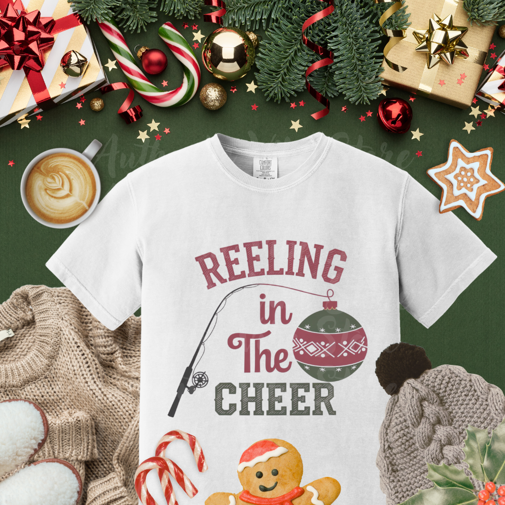 Reeling in The Cheer Fishing Christmas T-Shirt, Funny Holiday Fishing Tee, Christmas Gift for Fishermen, Xmas Fishing Shirt