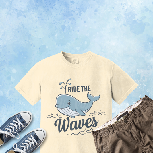 Cute Whale Graphic Ride the Waves T Shirt, Funny Ocean Theme Tee, Casual Whale Print Shirt for Sea Lovers, Unisex Whale Art T Shirt