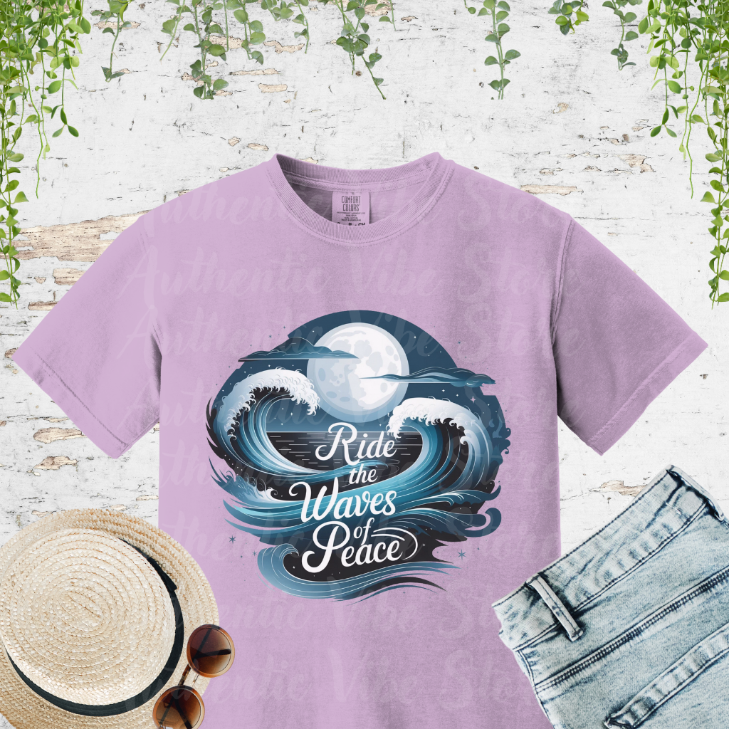 Ride the Waves of Peace Graphic T-Shirt, Surfing Ocean Moon Design Tee, Beach Lovers Shirt, Nautical Themed Apparel Top Garment-Dyed T-shirt