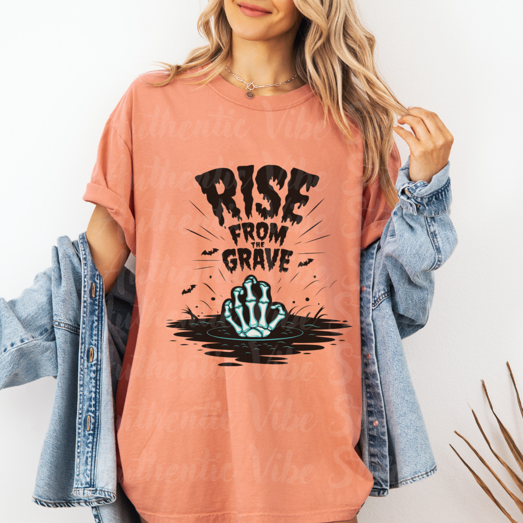 Halloween Rise From The Grave T-Shirt, Horror Themed Graphic Tee, Skeleton Hand Rising, Spooky Seasonal Apparel, Unique Halloween Shirt