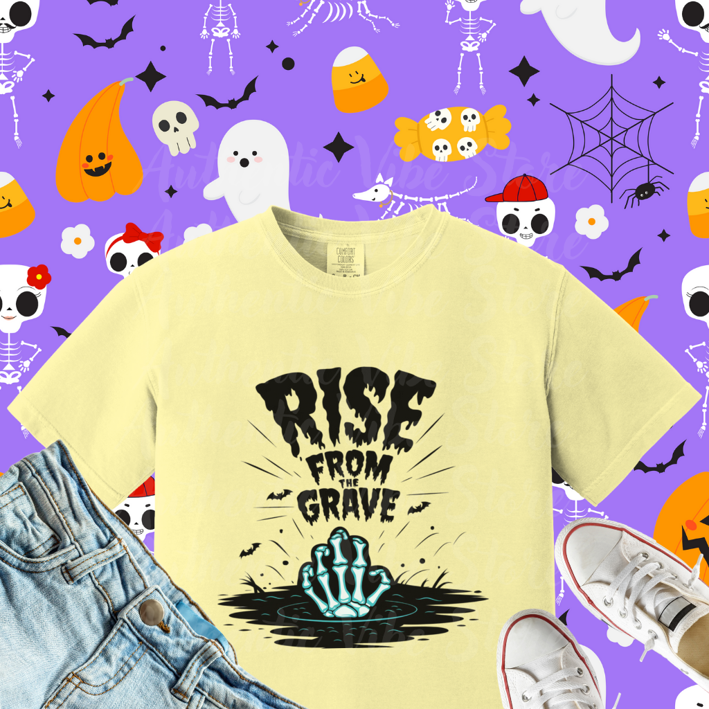 Halloween Rise From The Grave T-Shirt, Horror Themed Graphic Tee, Skeleton Hand Rising, Spooky Seasonal Apparel, Unique Halloween Shirt