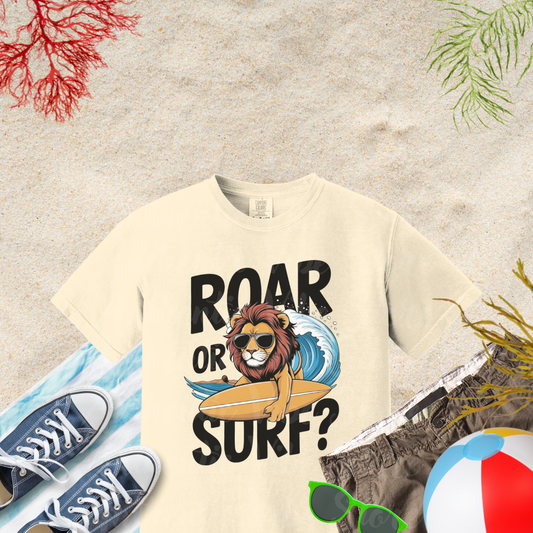 Lion Surfer T-Shirt, Roar or Surf Graphic Tee, Fun Summer Beach Tee, Cool Lion Surfing Shirt, Unique Animal Graphic Tee