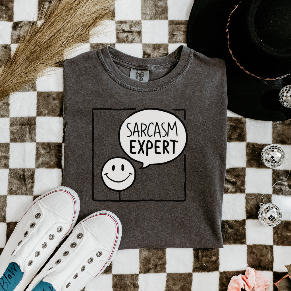 Funny Sarcasm Expert T-Shirt, Smiley Face Graphic Tee, Humor Shirt Gift, Sarcastic Quote Top, Casual Wear Statement Apparel