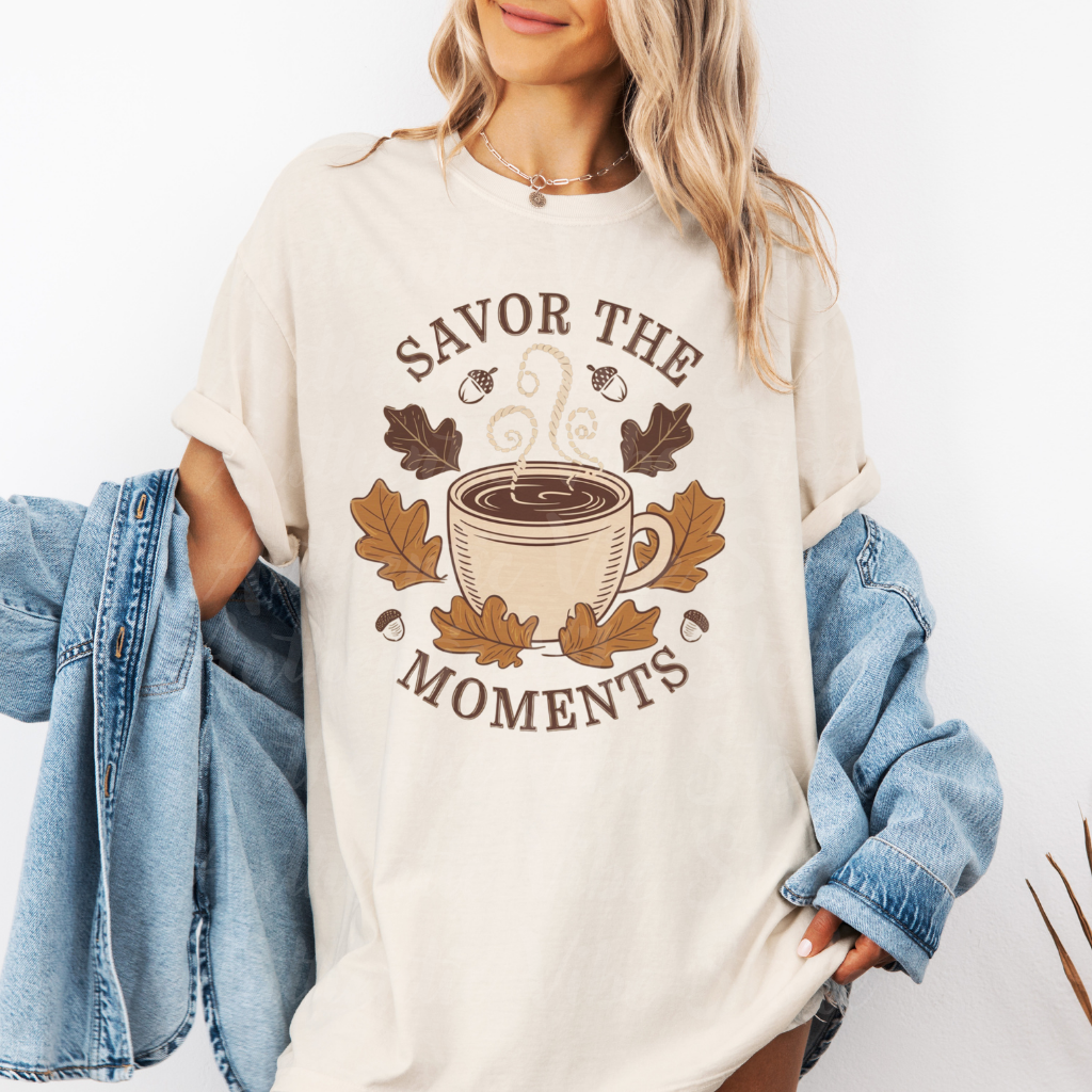 Savor the Moments Coffee Art T-Shirt, Fall Season T-Shirt, Cozy Autumn Tee, Comfortable Everyday Wear, Stylish Casual Top