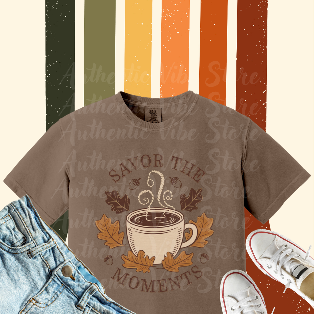 Savor the Moments Coffee Art T-Shirt, Fall Season T-Shirt, Cozy Autumn Tee, Comfortable Everyday Wear, Stylish Casual Top