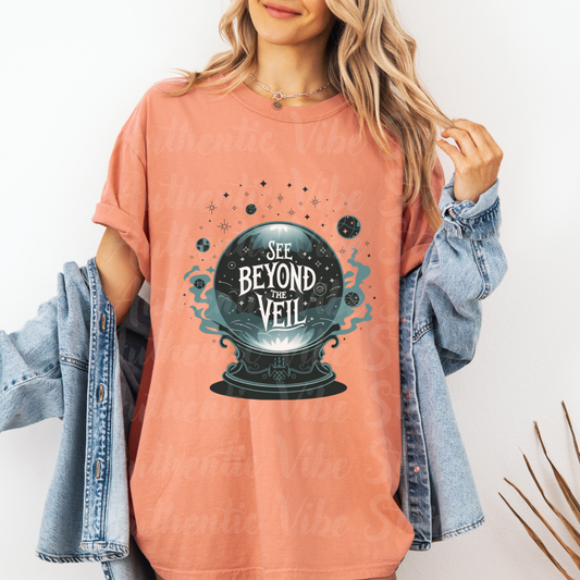 See Beyond The Veil Crystal Ball Art T-Shirt, Mystical Graphic Tee, Divination Shirt, Unique Spiritual Design, Celestial Apparel