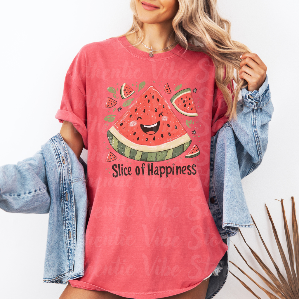 Cute Watermelon Slice of Happiness T-Shirt, Fun Fruit Graphic Tee, Happy Watermelon Smile Shirt Garment-Dyed T-shirt