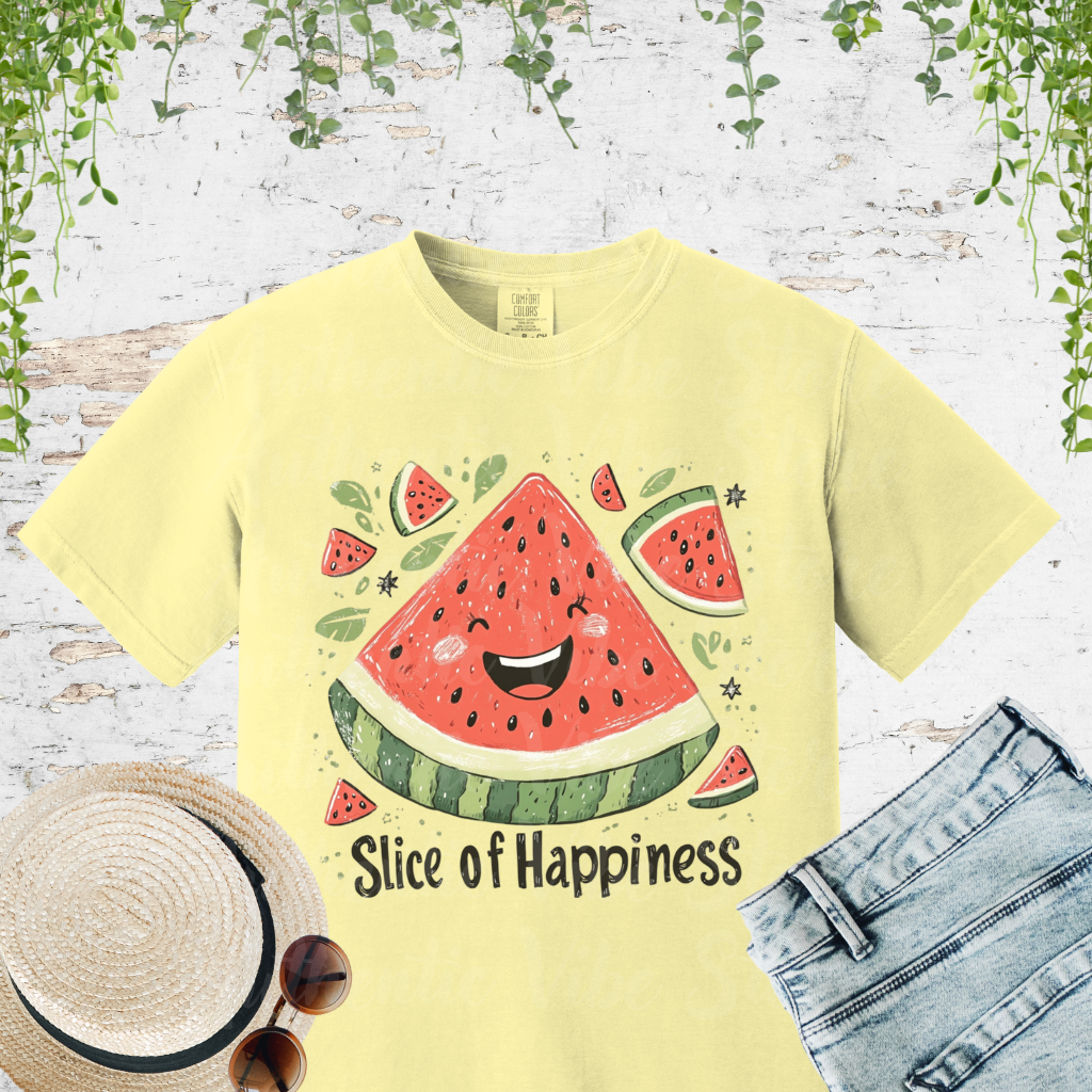 Cute Watermelon Slice of Happiness T-Shirt, Fun Fruit Graphic Tee, Happy Watermelon Smile Shirt Garment-Dyed T-shirt