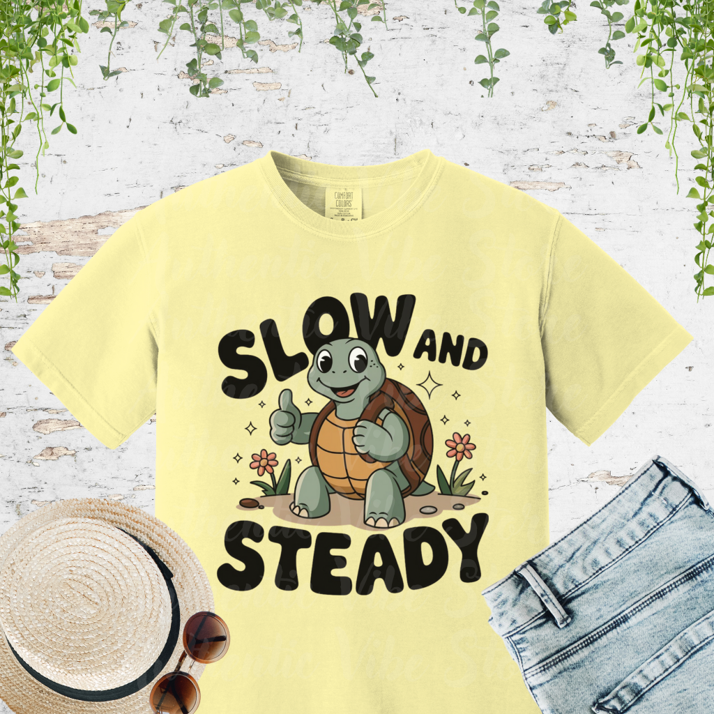 Cute Turtle Slow and Steady T-Shirt, Motivational Turtle Graphic Tee, Adorable Animal Lovers Gift, Kids and Adults T-Shirt Garment-Dyed T-shirt