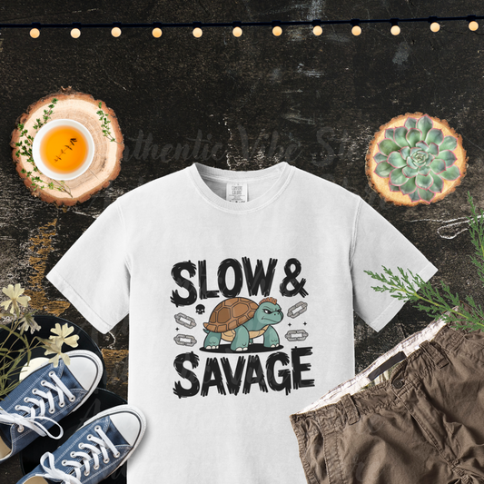 Funny Turtle Graphic Tee, Slow and Savage T-Shirt, Cute Animal Themed Shirt, Unique Gift for Turtle Lovers, Humorous Clothing