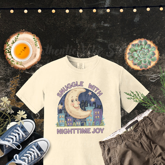 Snuggle with Nighttime Joy Cute Moon Cityscape Graphic Tee Cozy Urban Night Sky Shirt Fun Sleepy Time T-shirt