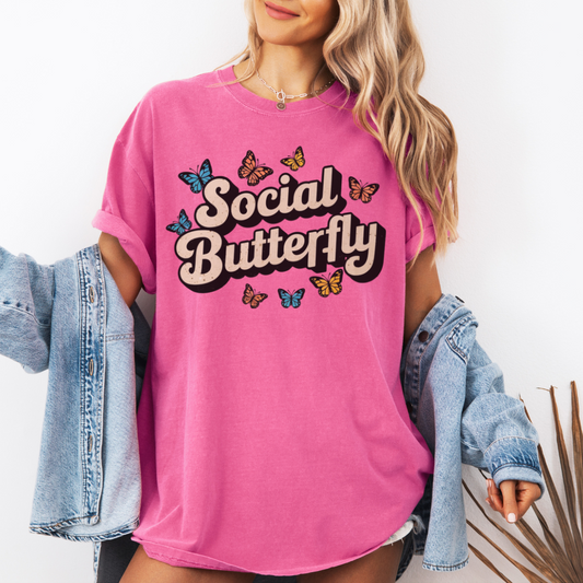 Social Butterfly T-Shirt, Colorful Butterfly Graphic Tee, Fun Summer Fashion, Casual Short Sleeve Shirt, Trendy Gift Idea