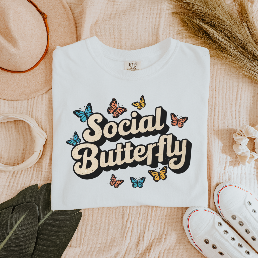 Social Butterfly T-Shirt, Colorful Butterfly Graphic Tee, Fun Summer Fashion, Casual Short Sleeve Shirt, Trendy Gift Idea