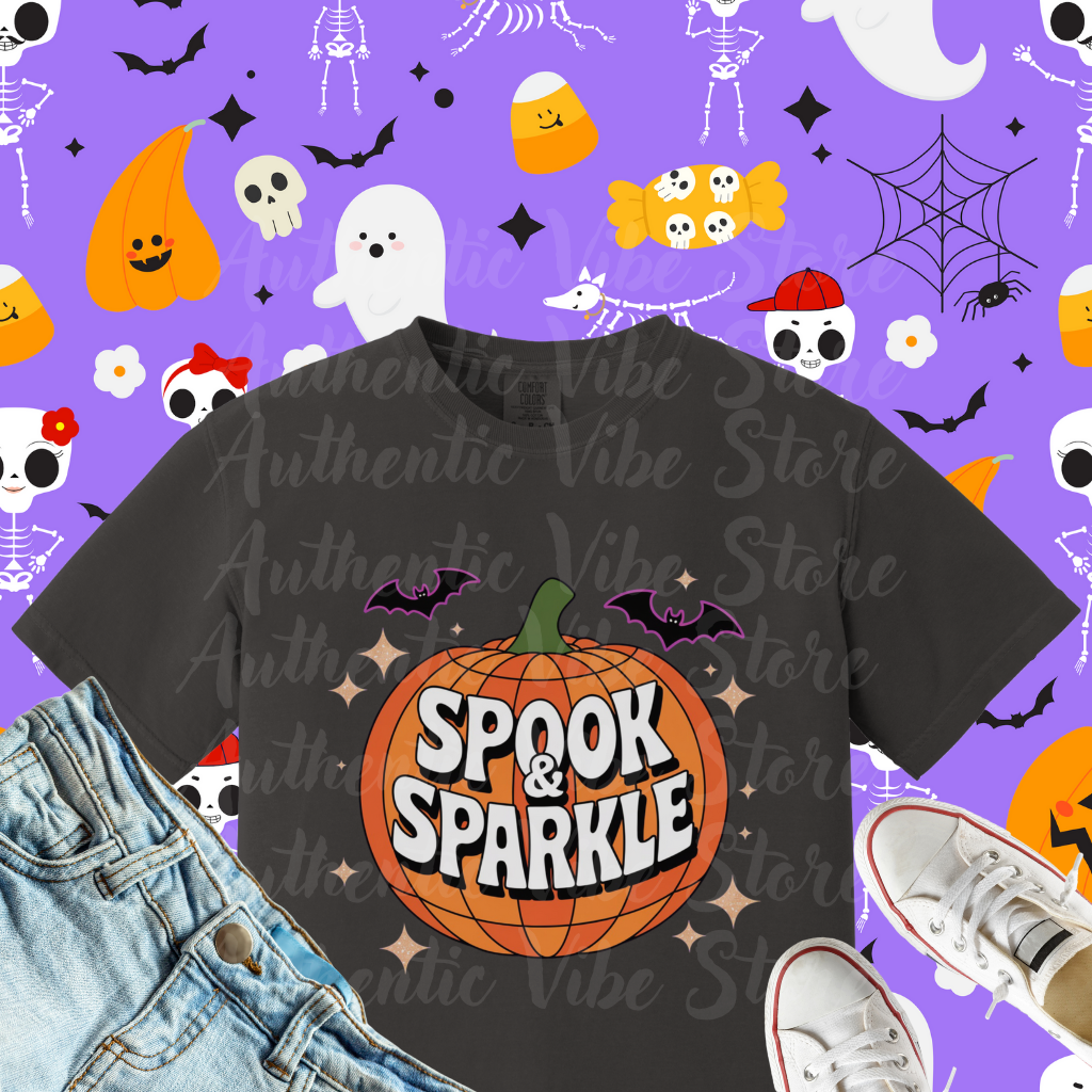 Halloween Pumpkin Spook and Sparkle T-Shirt, Cute Halloween Shirt with Pumpkin and Bats, Halloween Holiday Tee for Spooky Season