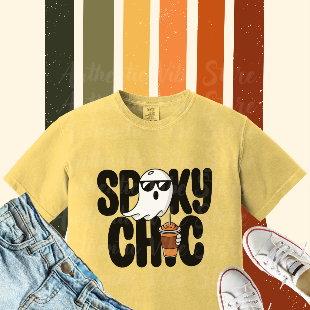 Spooky Chic Ghost Shirt with Sunglasses and Coffee Funny Halloween T-Shirt Cute Ghost Drinking Coffee Tee