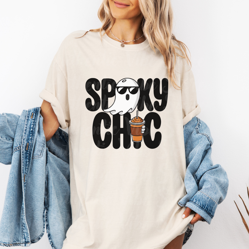 Spooky Chic Ghost Shirt with Sunglasses and Coffee Funny Halloween T-Shirt Cute Ghost Drinking Coffee Tee