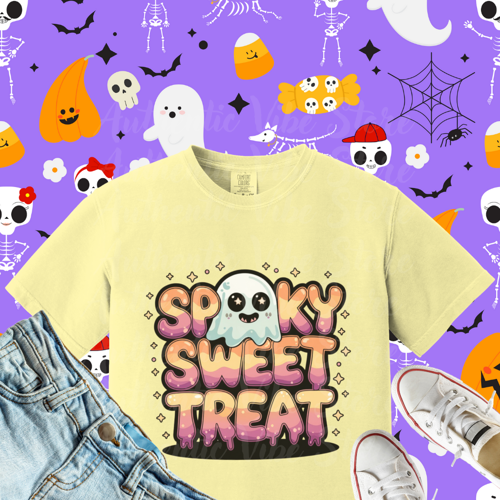 Spooky Sweet Treat T-Shirt, Cute Halloween Ghost Shirt, Kawaii Style Halloween Tee, Adorable Boo Shirt, Fun Halloween Apparel